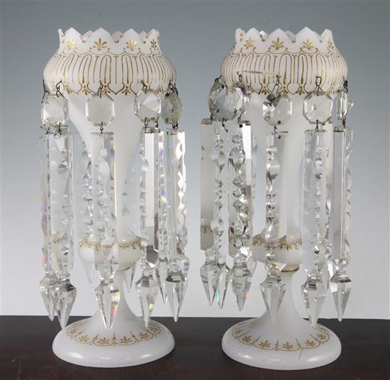 A pair of Continental gilt decorated opaque white glass table lustres, c.1900, 31.5cm